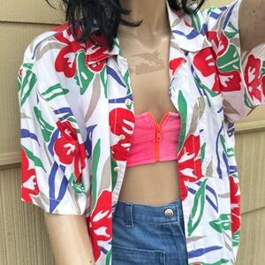 Liz Claiborne Red and White Oversized Short Sleeve Button Down